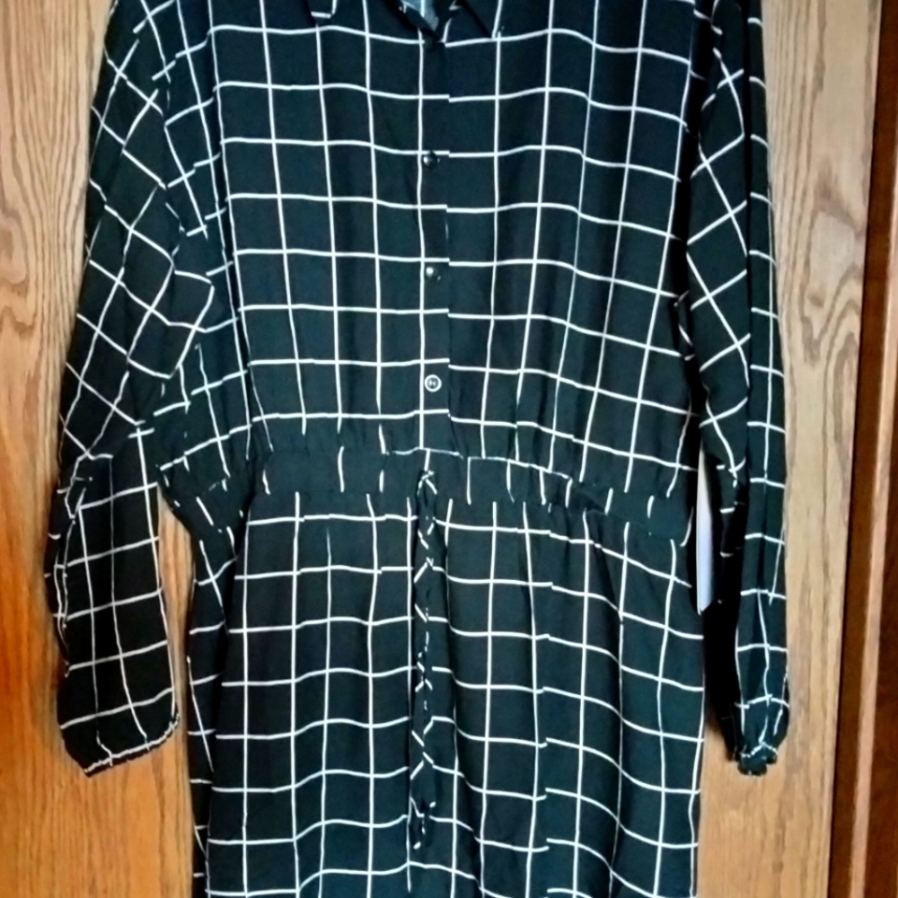 Coco and Shay plus black and white plaid shirt dress.